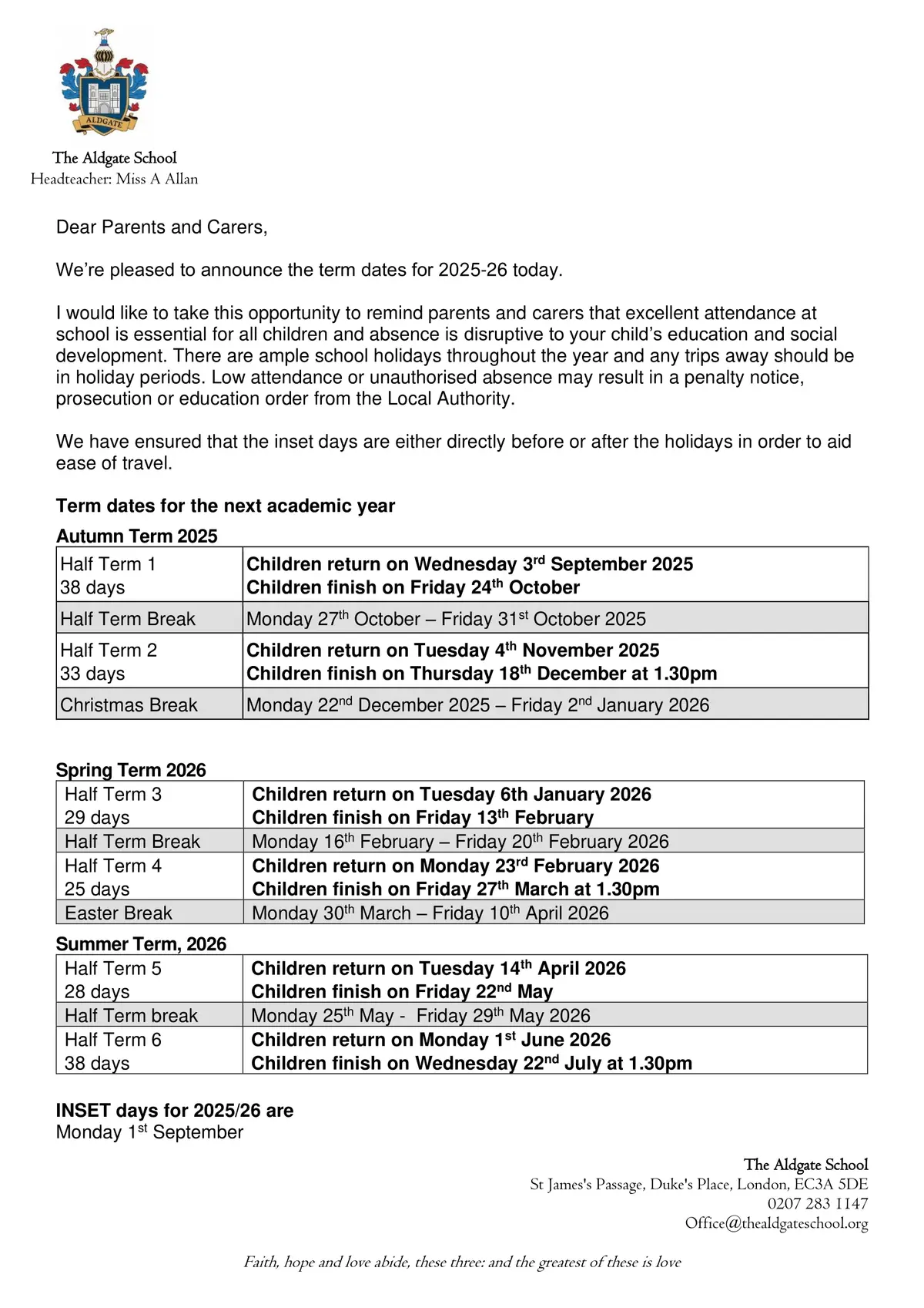 The Aldgate School term dates