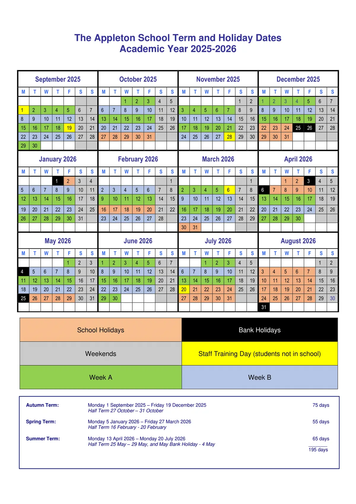 The Appleton School term dates