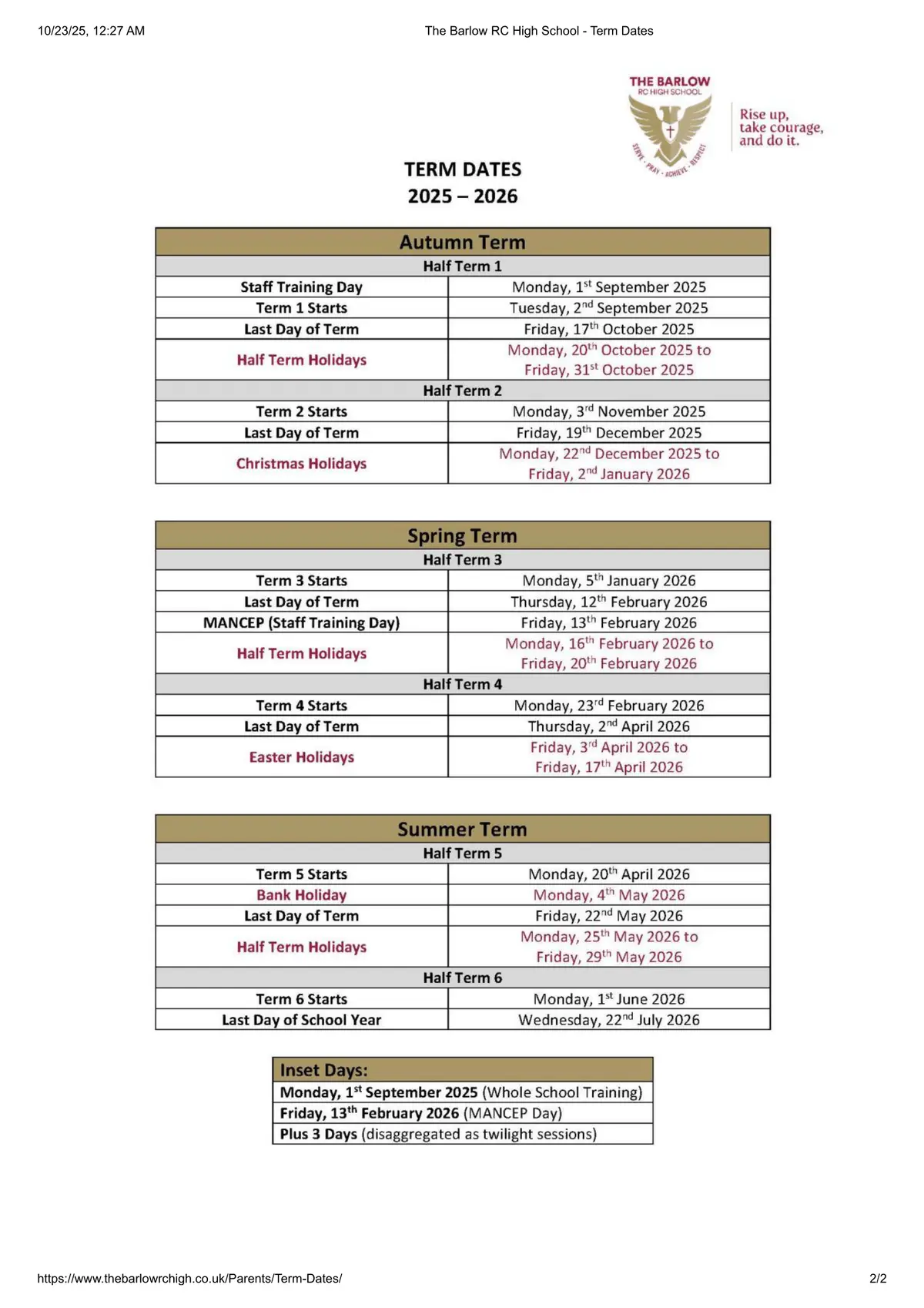 The Barlow RC High School term dates