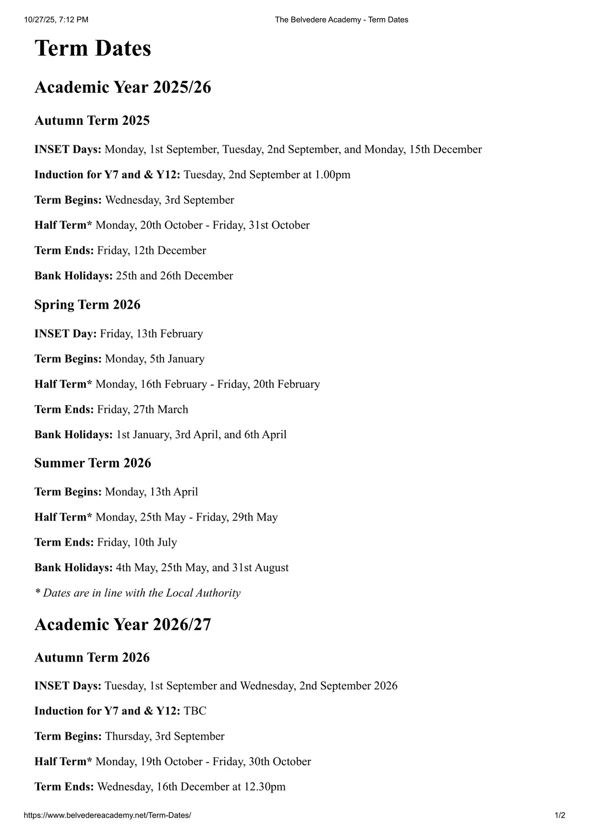 The Belvedere Academy term dates