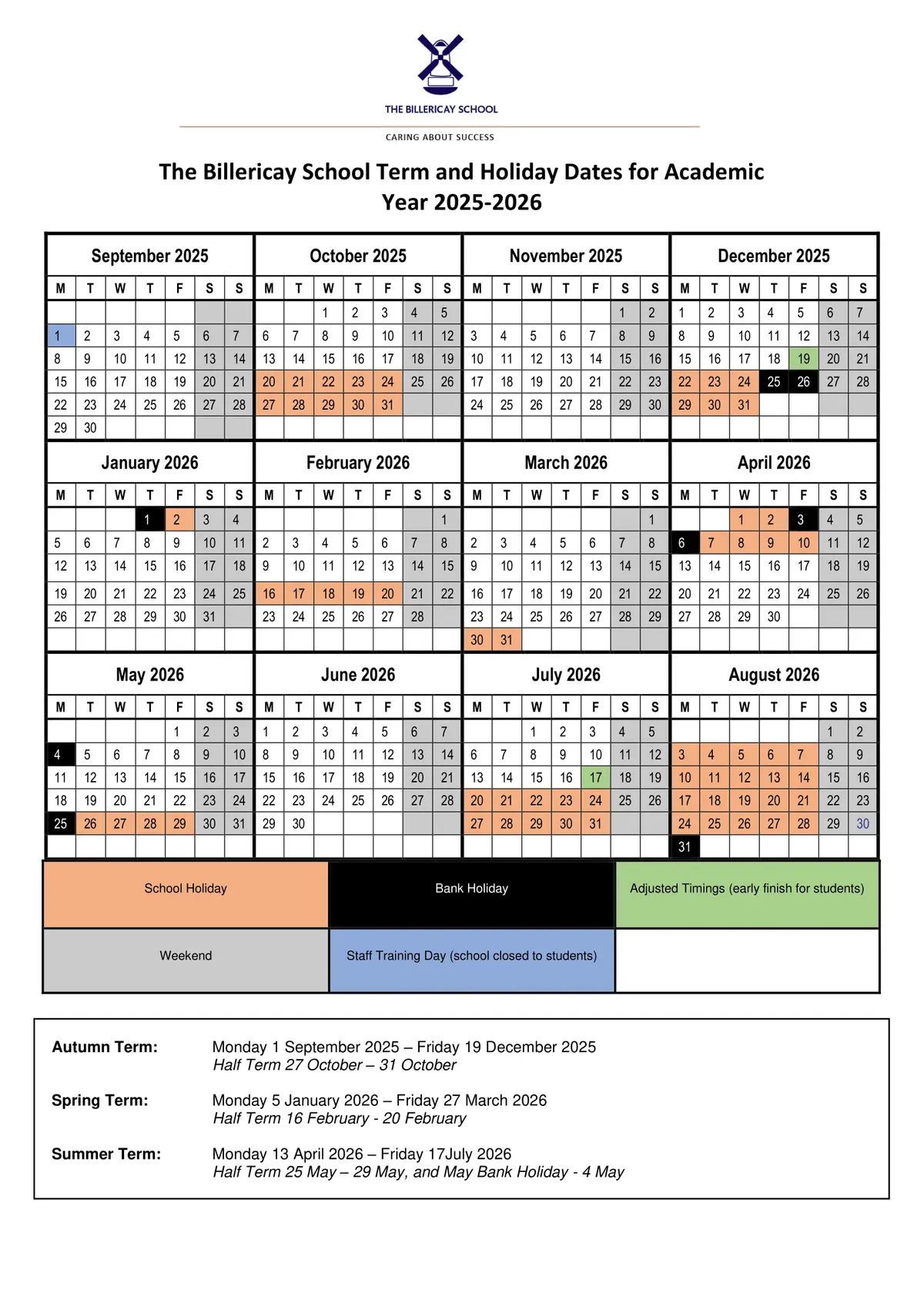 The Billericay School term dates