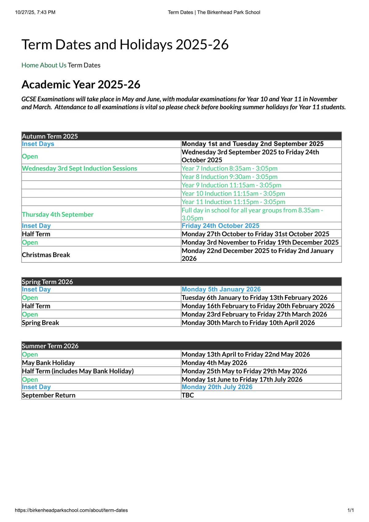 Birkenhead Park School term dates