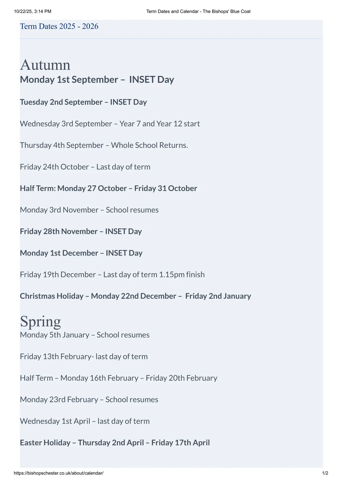 The Bishops' Blue Coat Church of England High School term dates
