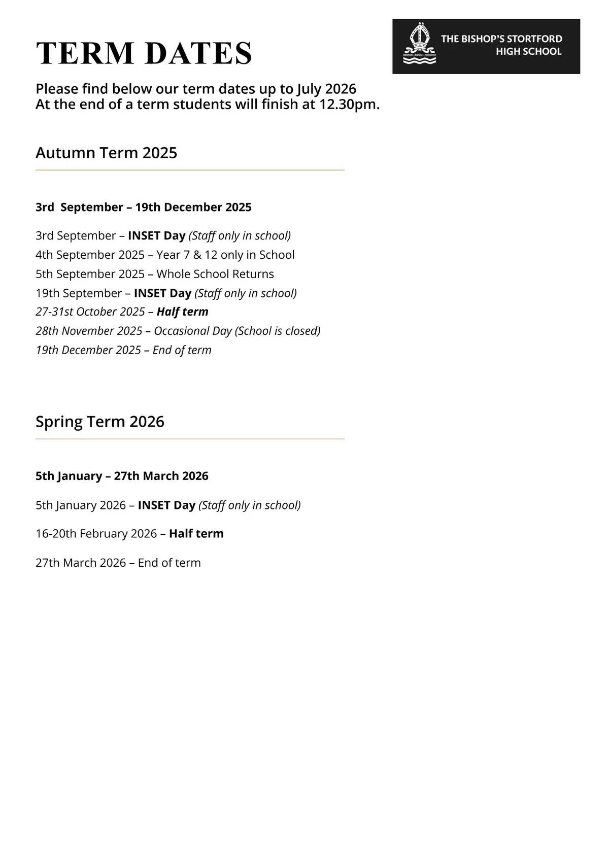 The Bishop's Stortford High School term dates