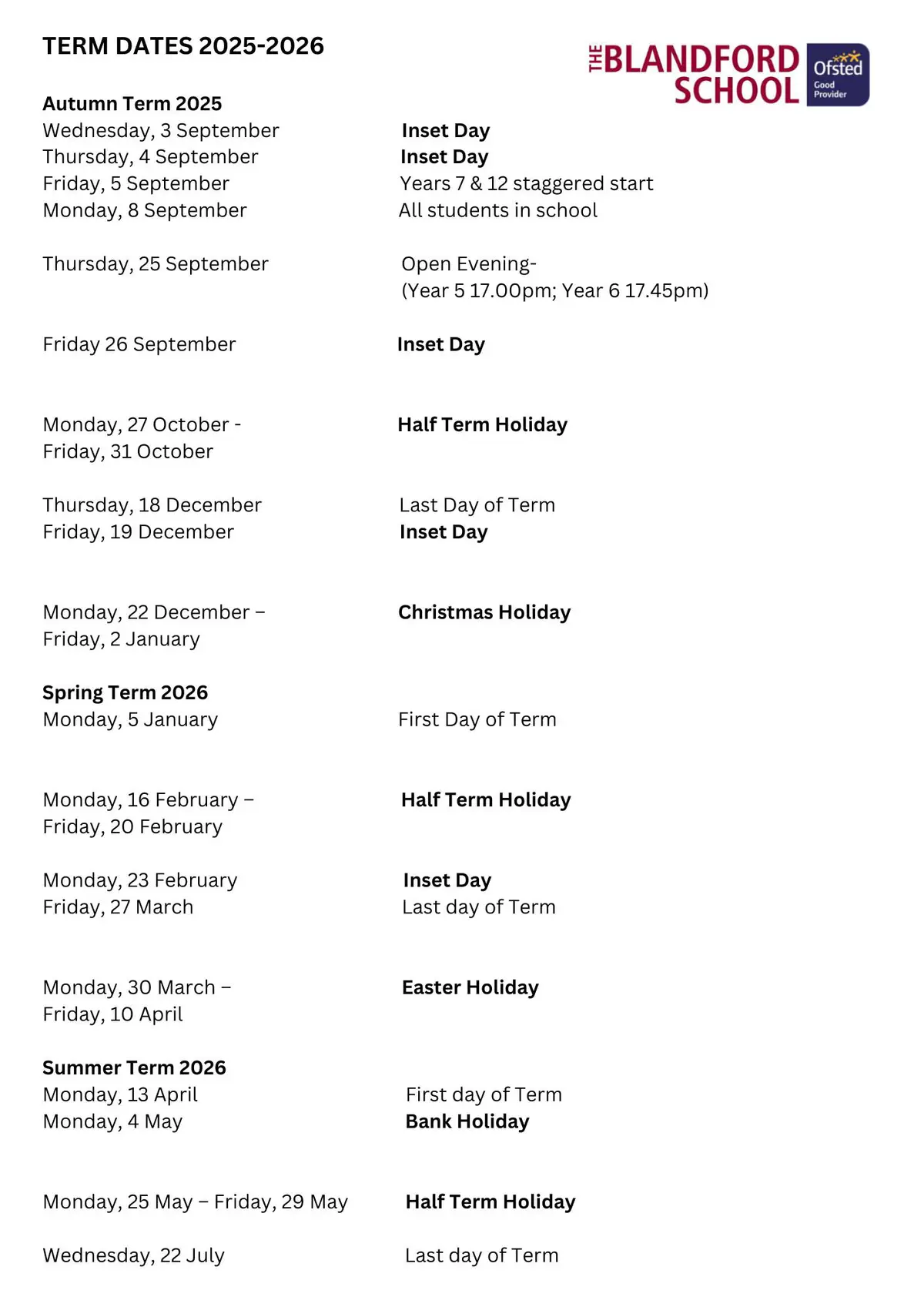 The Blandford School term dates