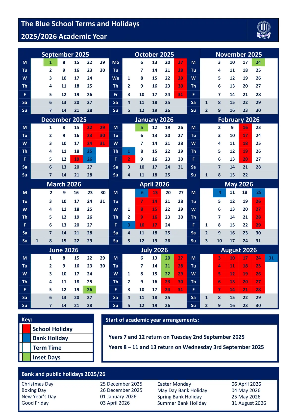 The Blue School term dates