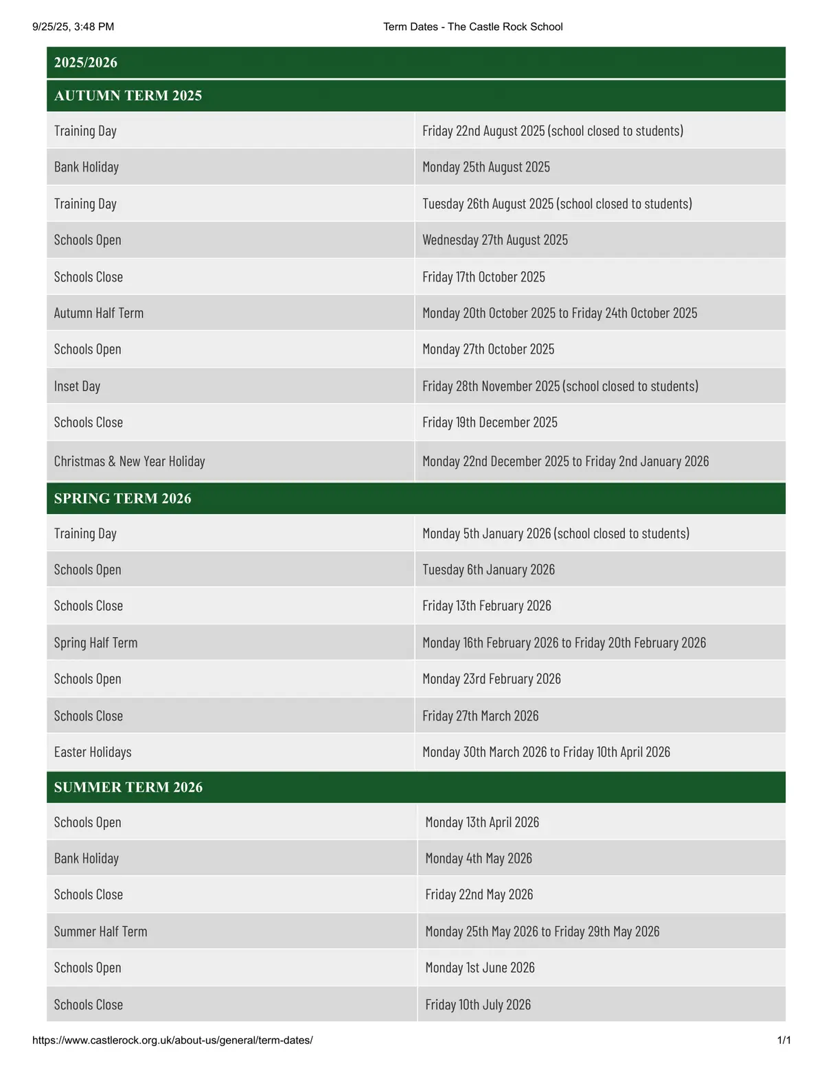 The Castle Rock School term dates