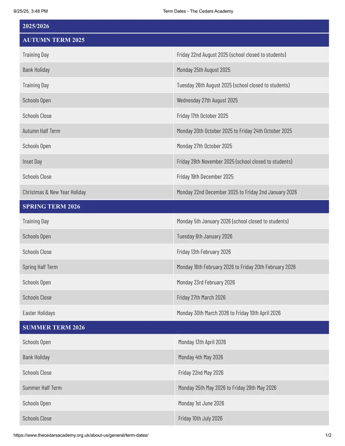 The Cedars Academy term dates