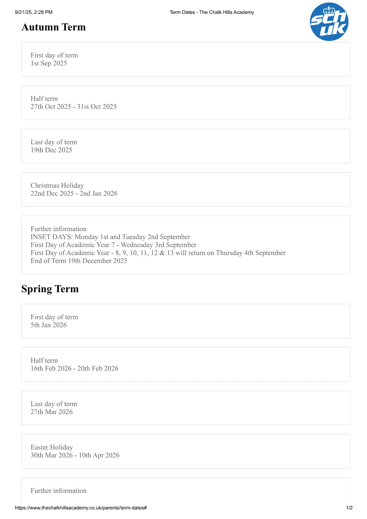 The Chalk Hills Academy term dates