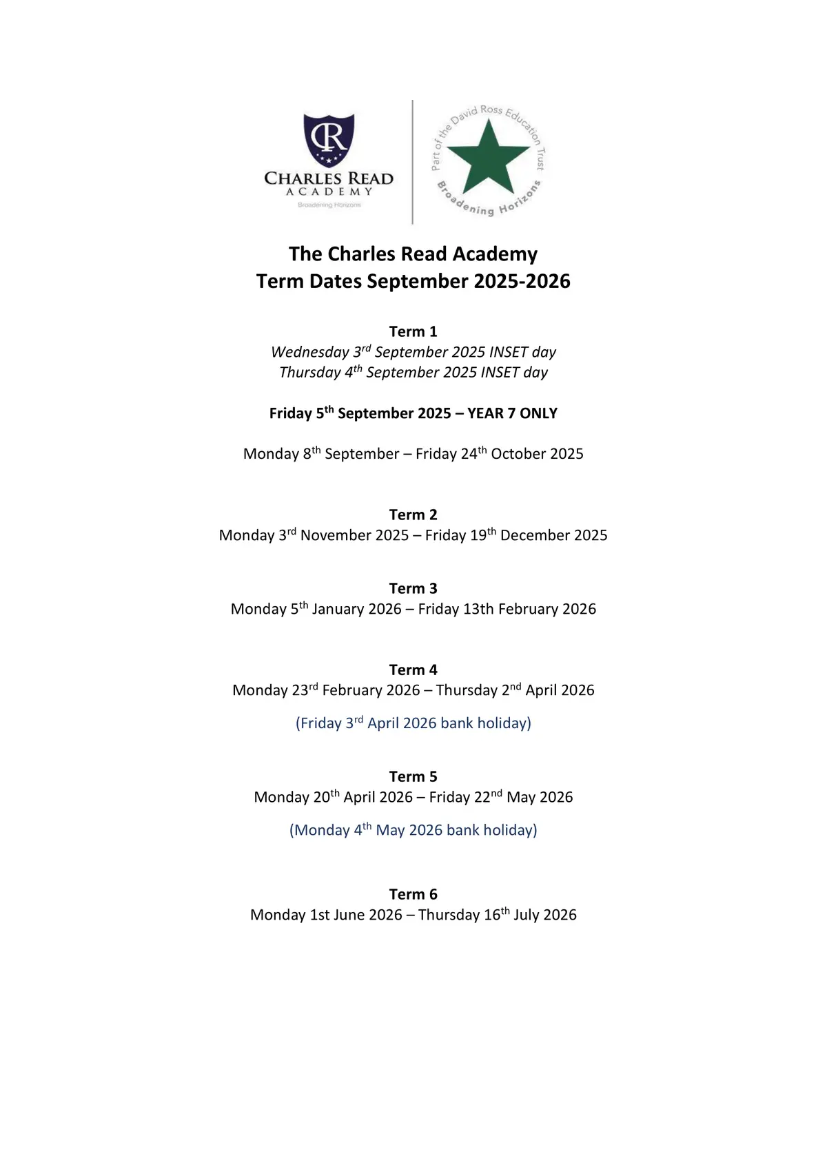 Charles Read Academy term dates