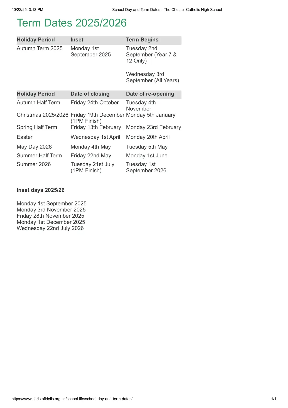 The Catholic High School, Chester term dates