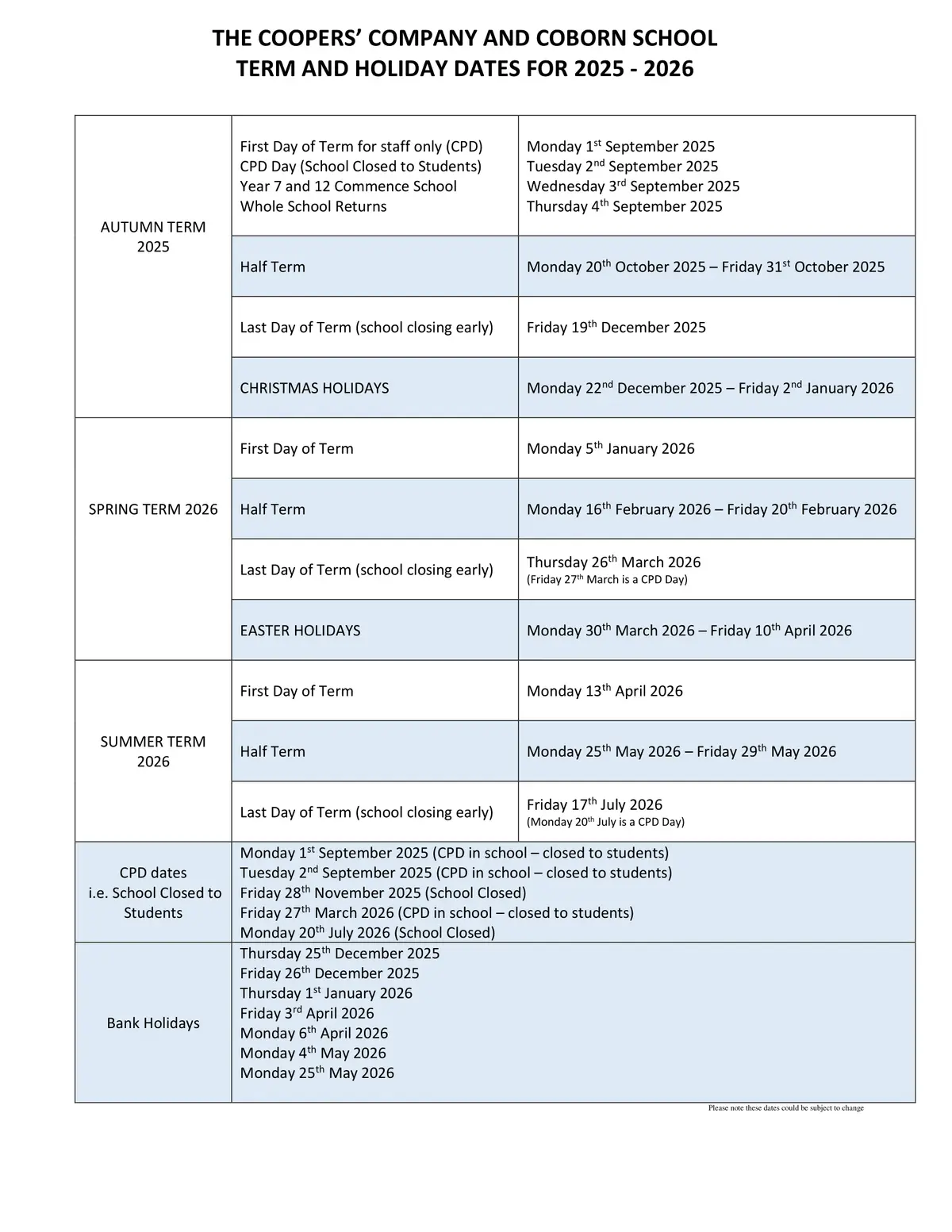 The Coopers' Company and Coborn School term dates