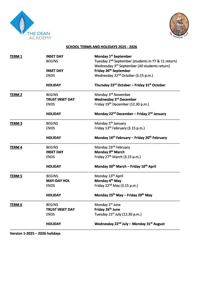 The Dean Academy term dates