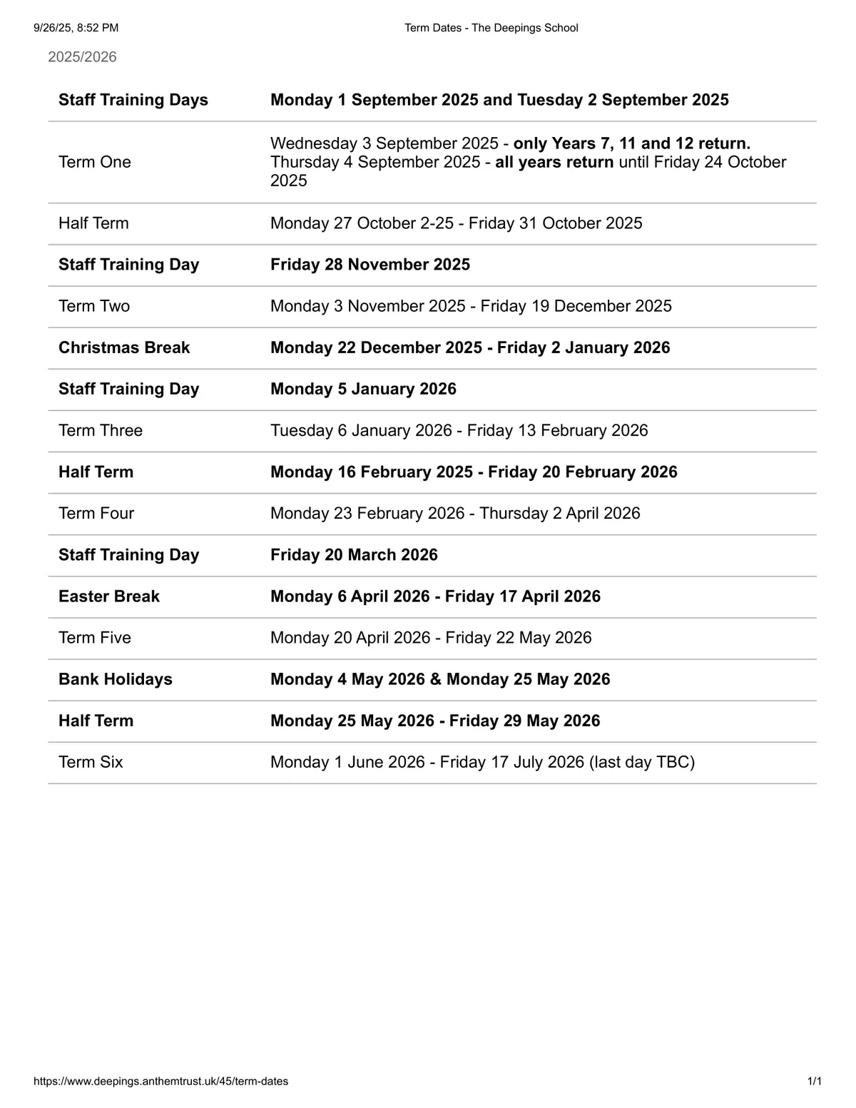 The Deepings School term dates