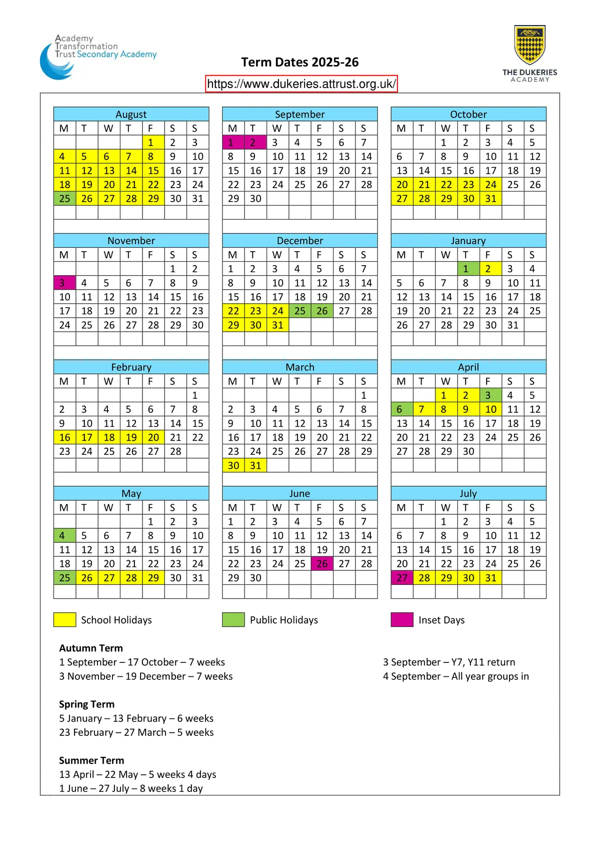 The Dukeries Academy term dates