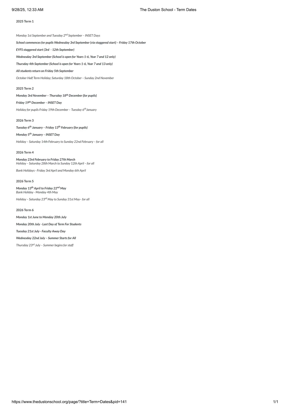 The Duston School term dates