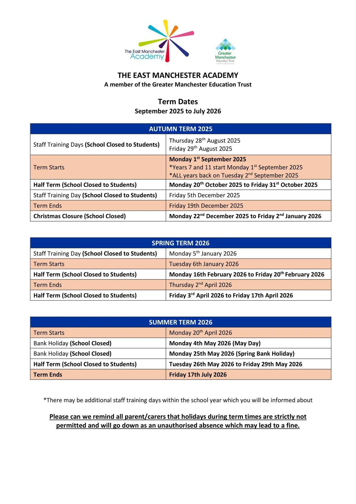 The East Manchester Academy term dates