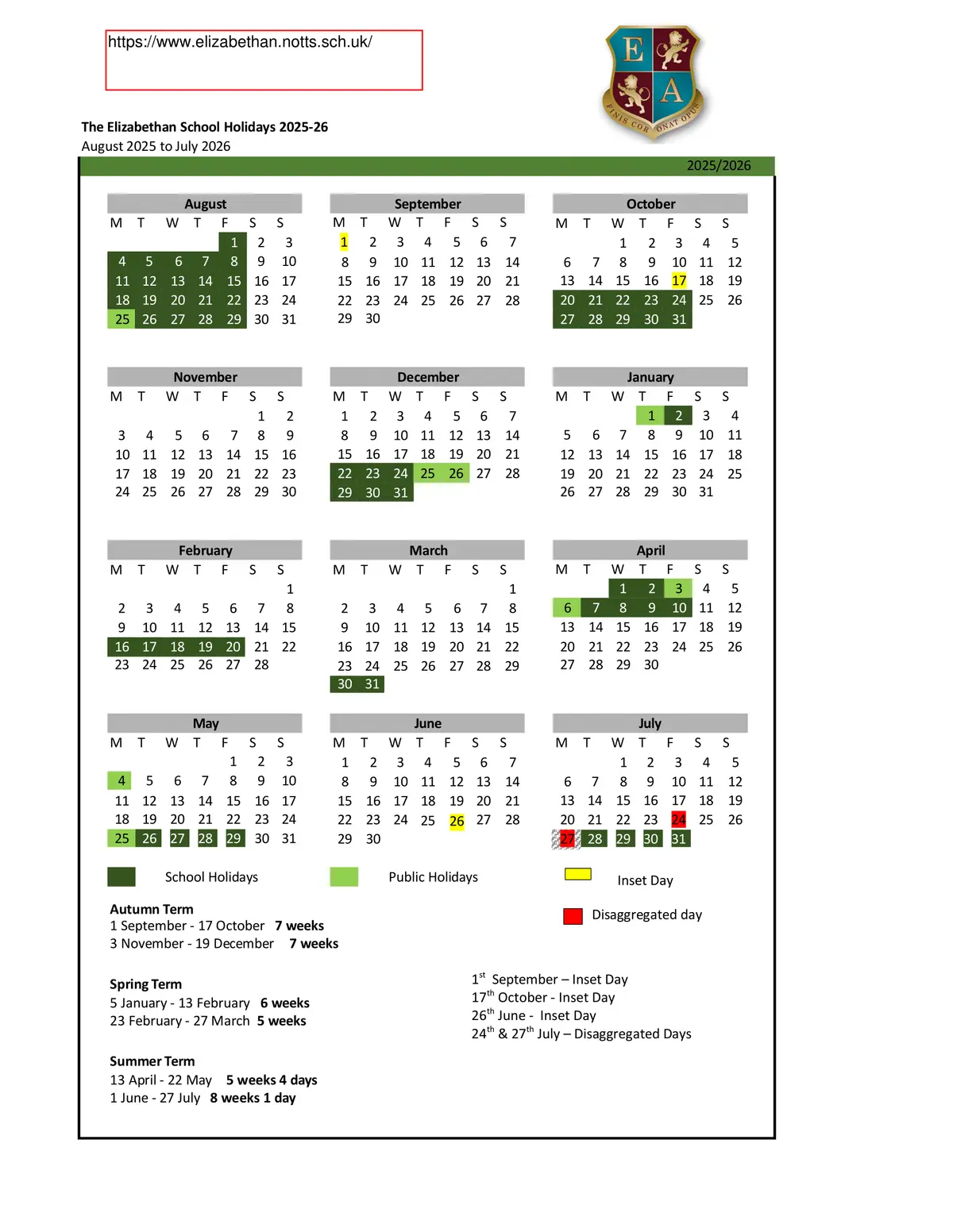 The Elizabethan Academy term dates