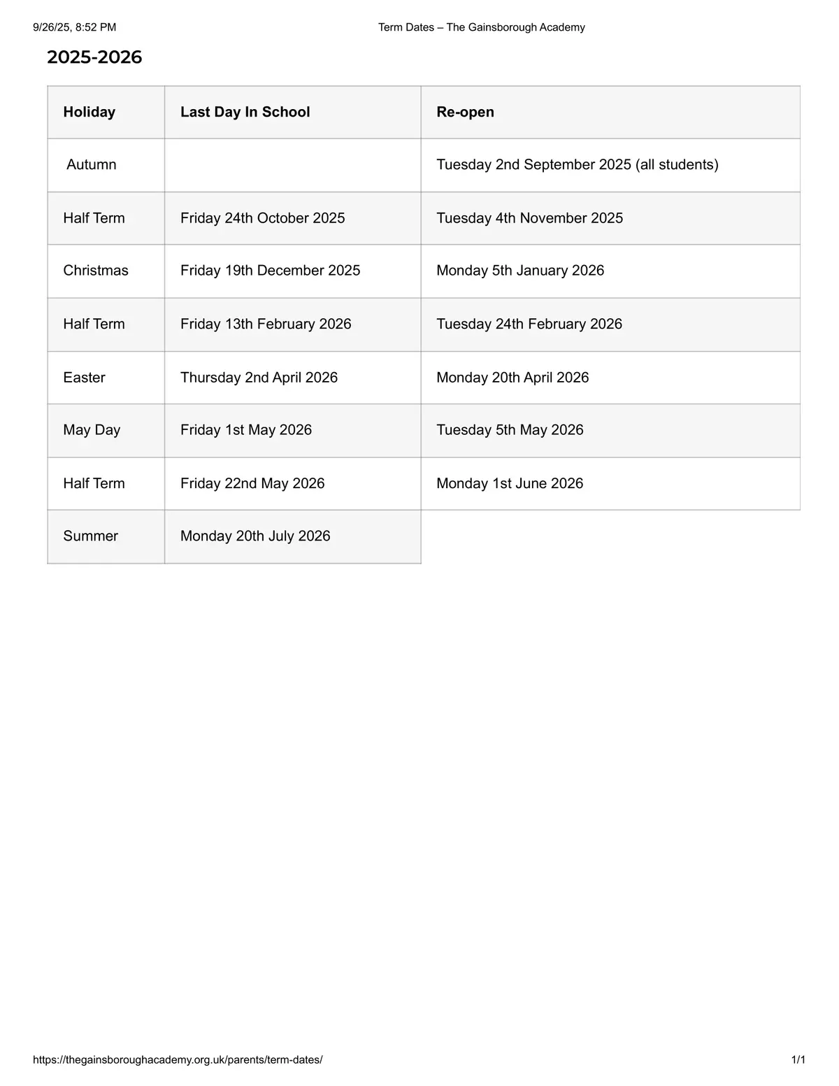 The Gainsborough Academy term dates