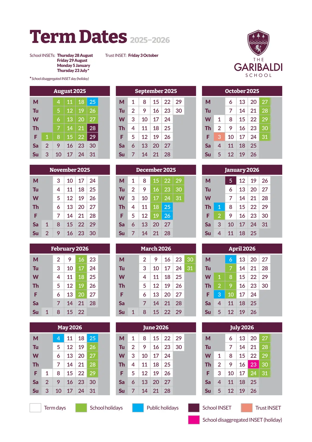 The Garibaldi School term dates