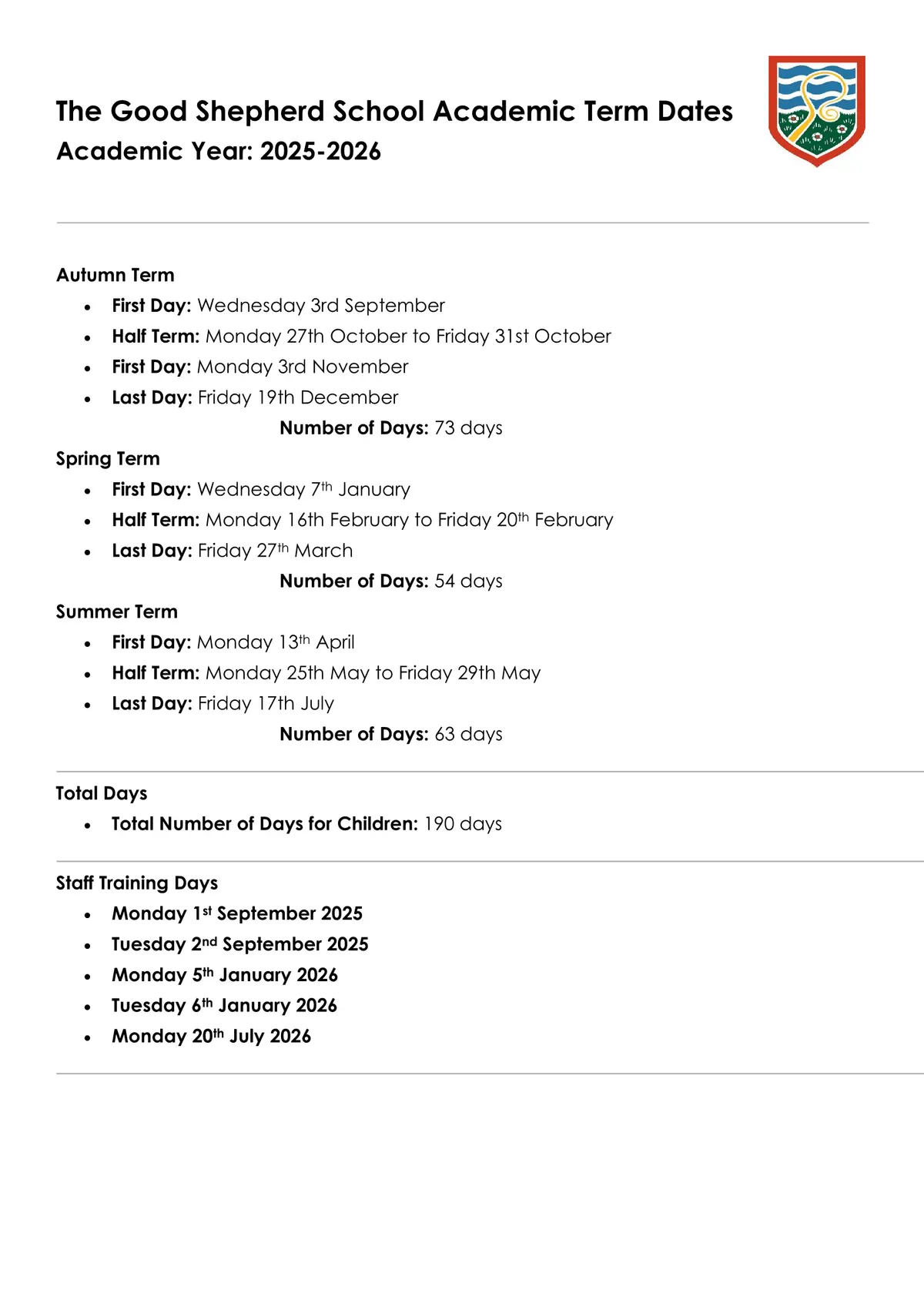 Good Shepherd Catholic School term dates