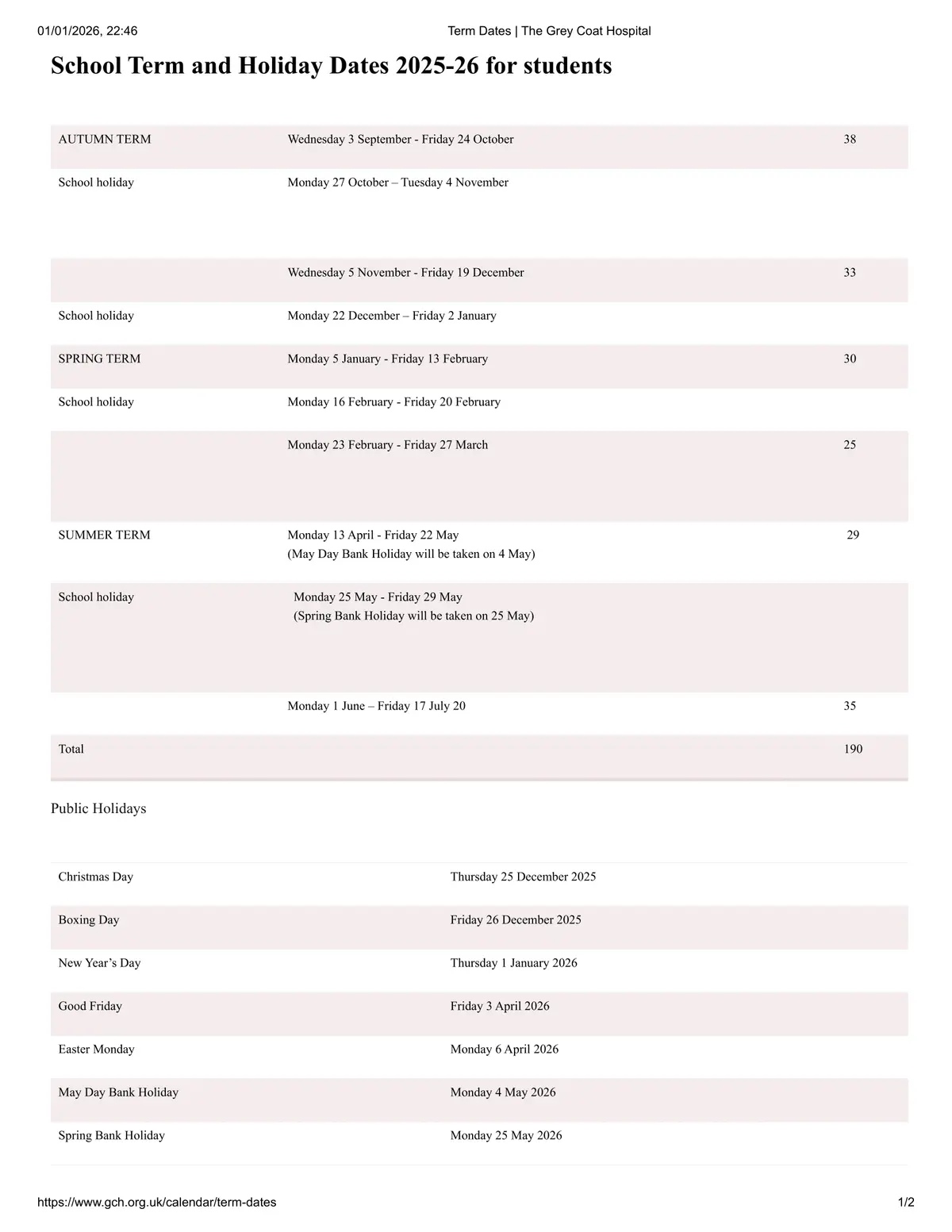 The Grey Coat Hospital term dates