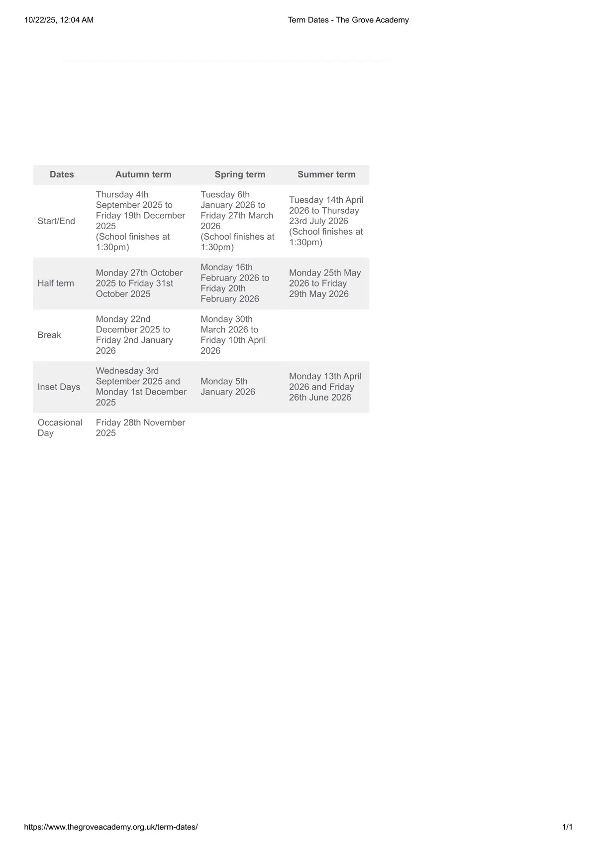The Grove Academy term dates