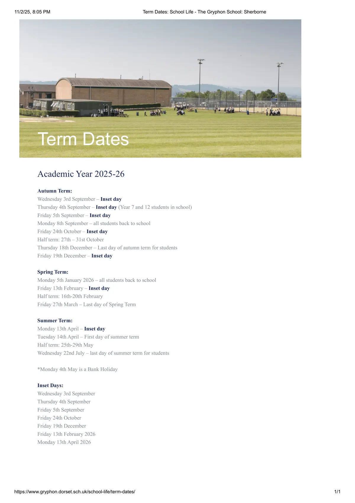 The Gryphon School term dates