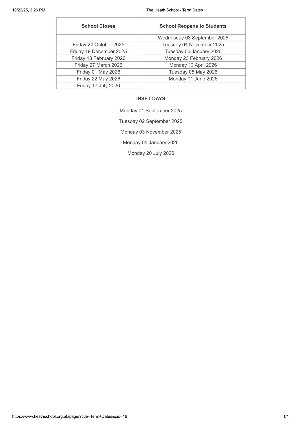 The Heath School term dates