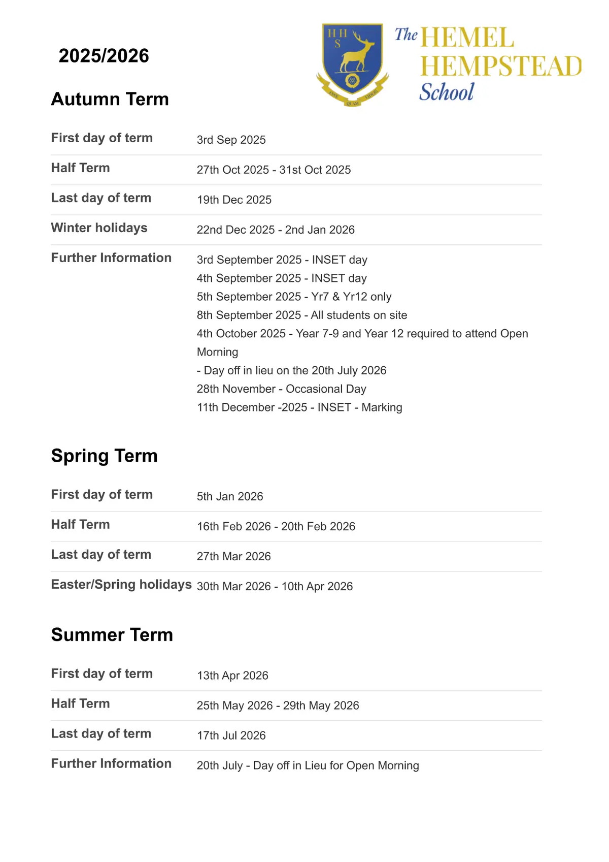 The Hertfordshire & Essex High School and Science College term dates