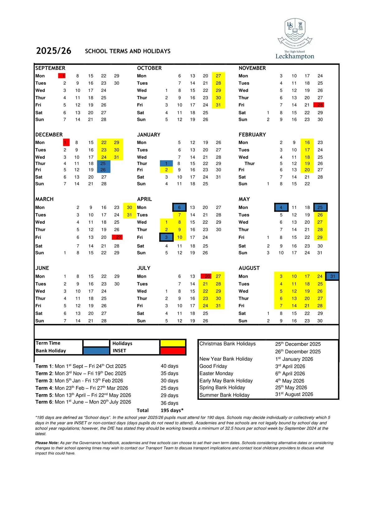 The High School Leckhampton term dates