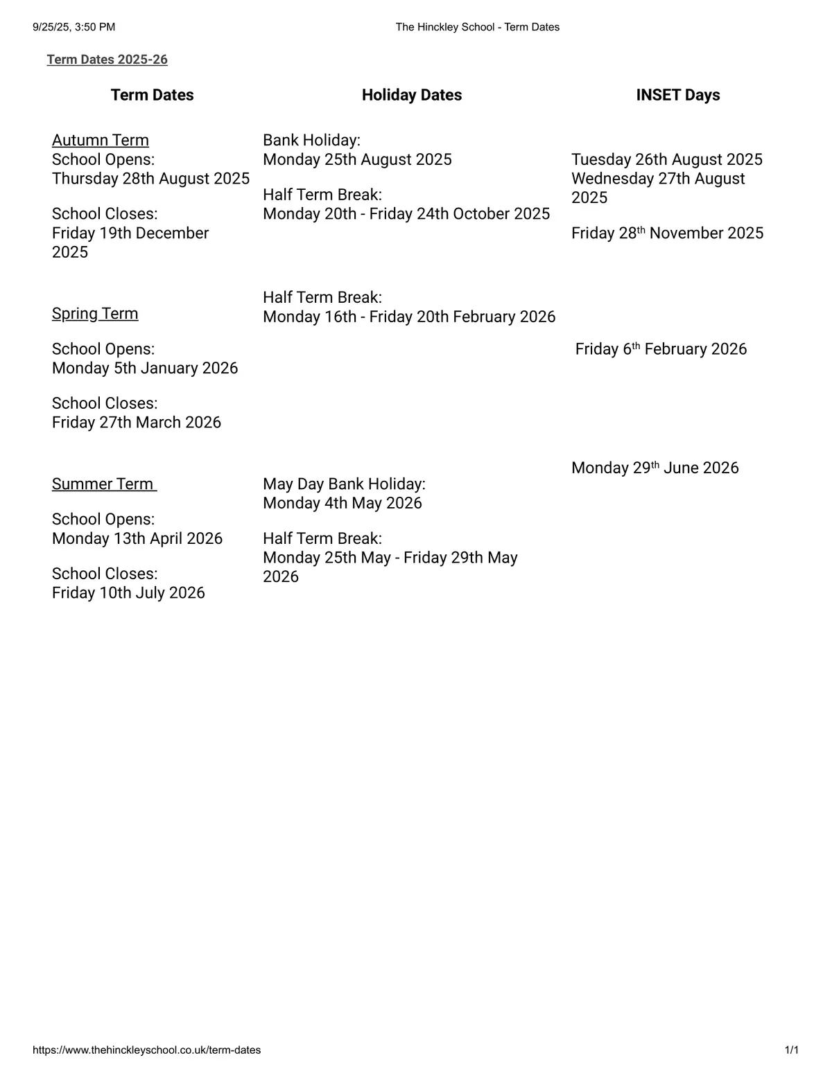 The Hinckley School term dates