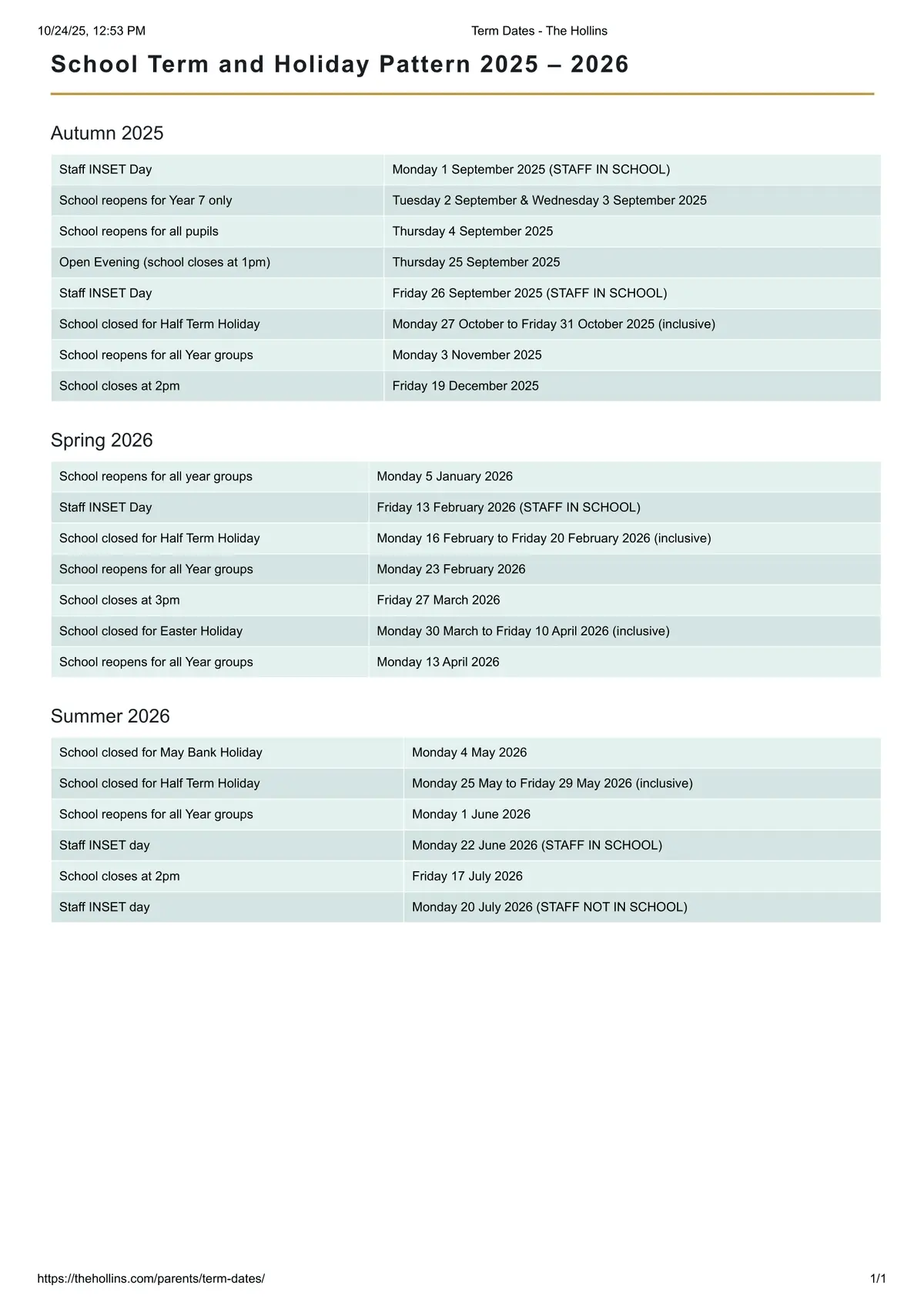 The Hollins term dates