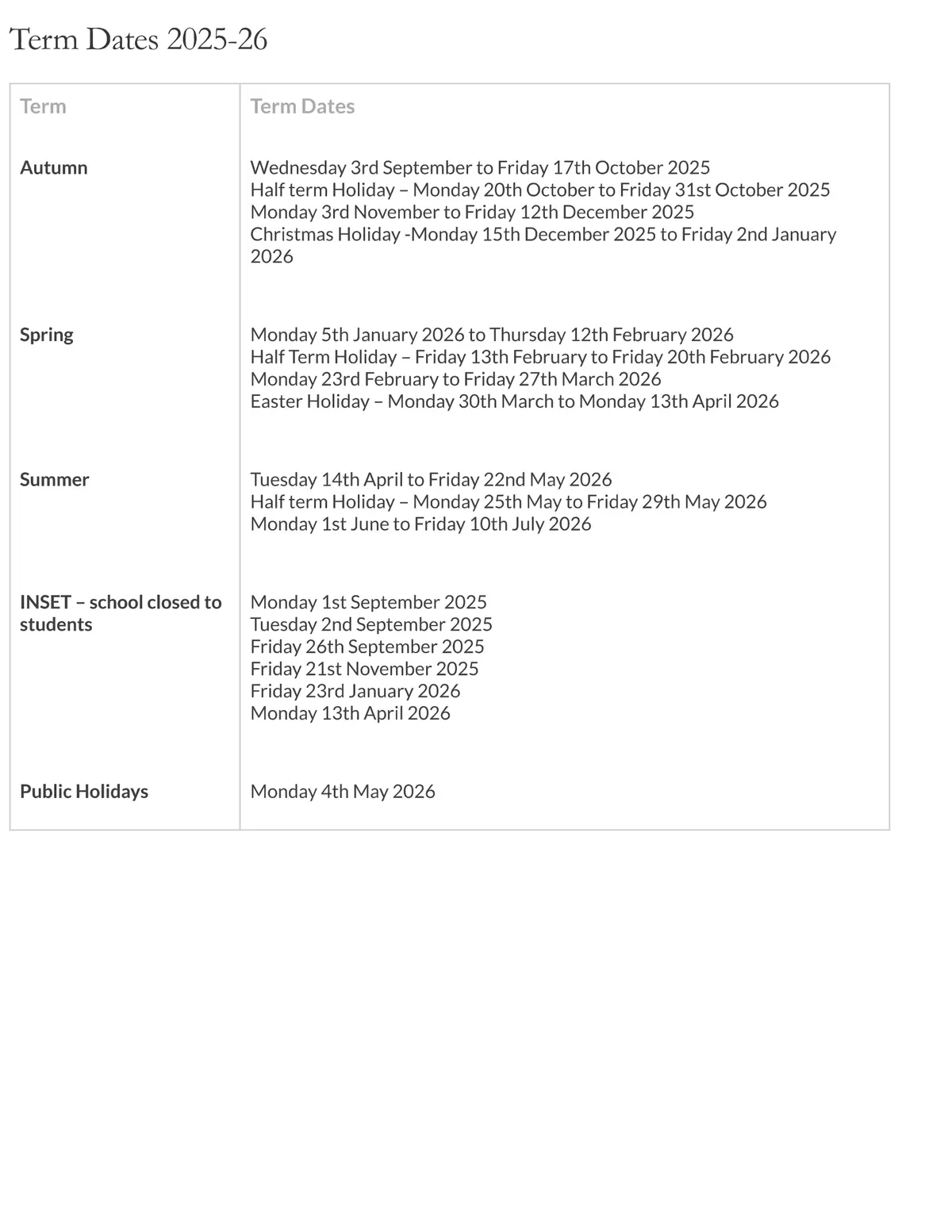 The Hurlingham Academy term dates