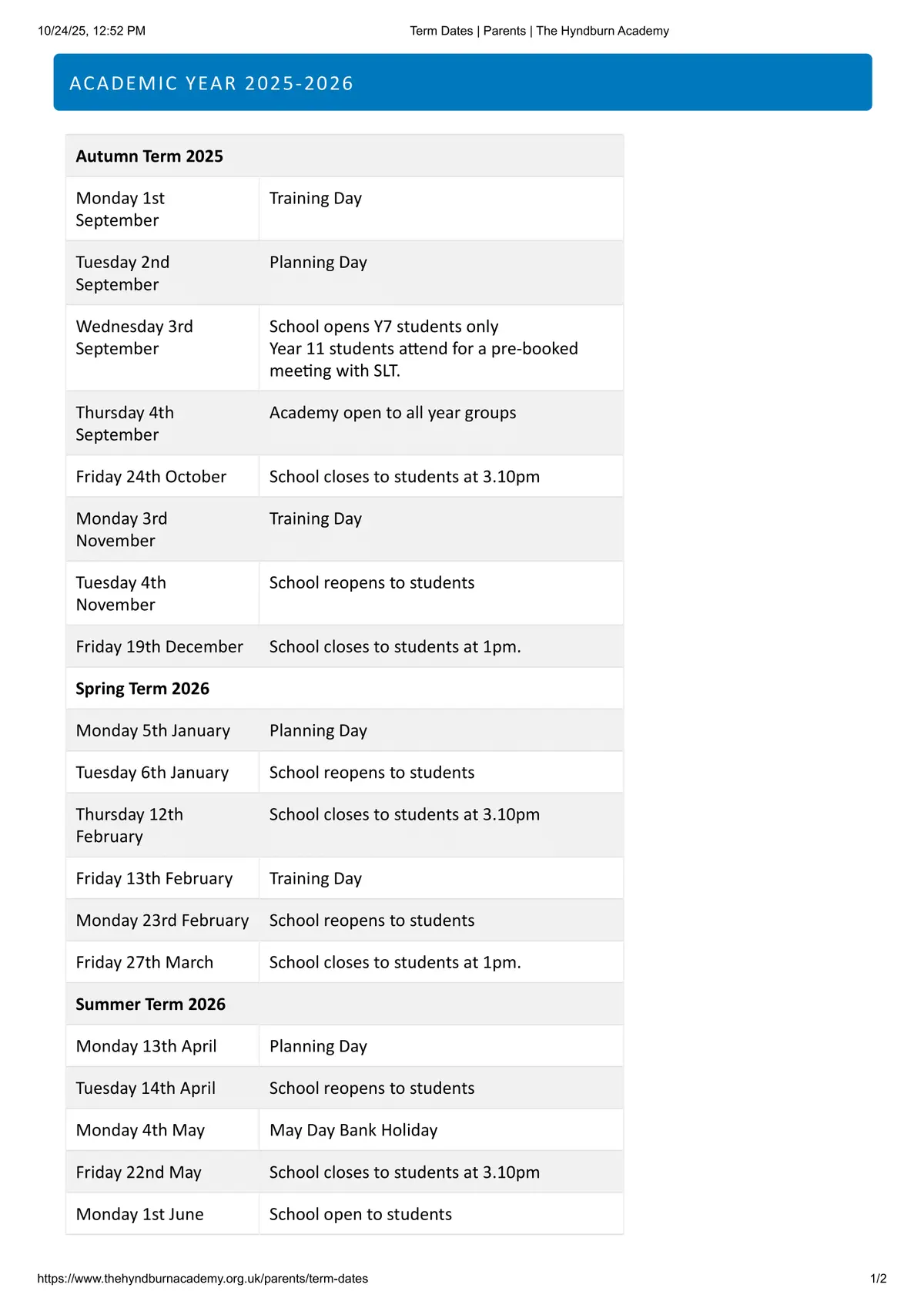 The Hyndburn Academy term dates