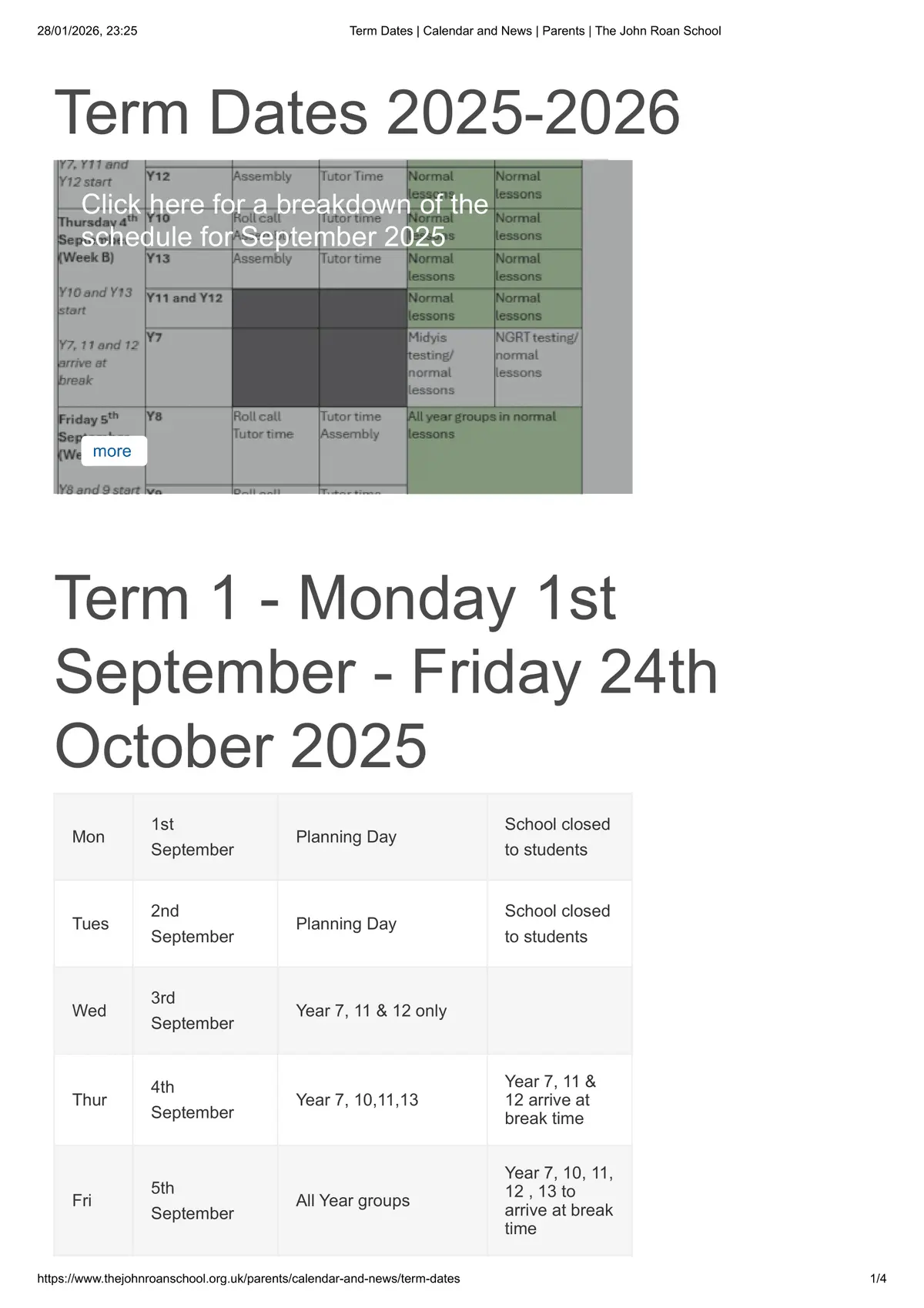 The John Roan School term dates