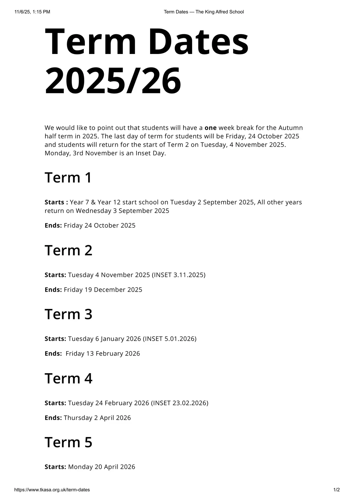The King Alfred School term dates