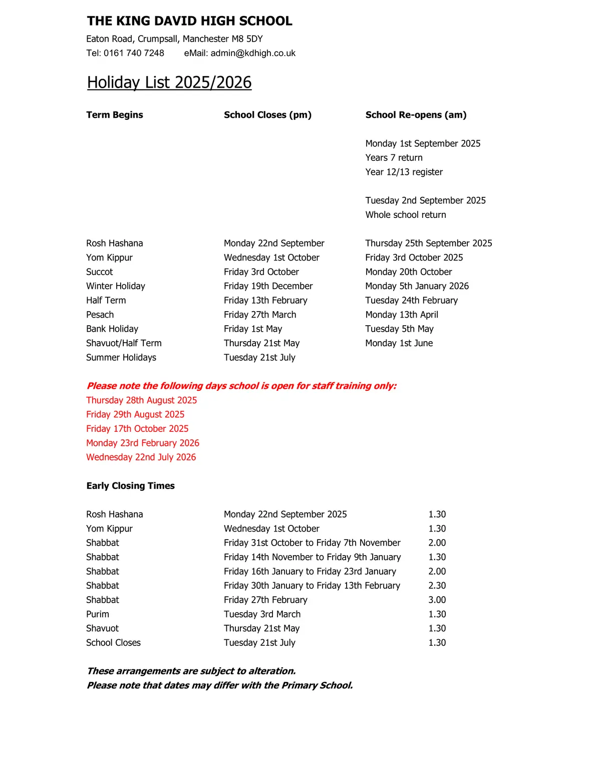 The King David High School term dates