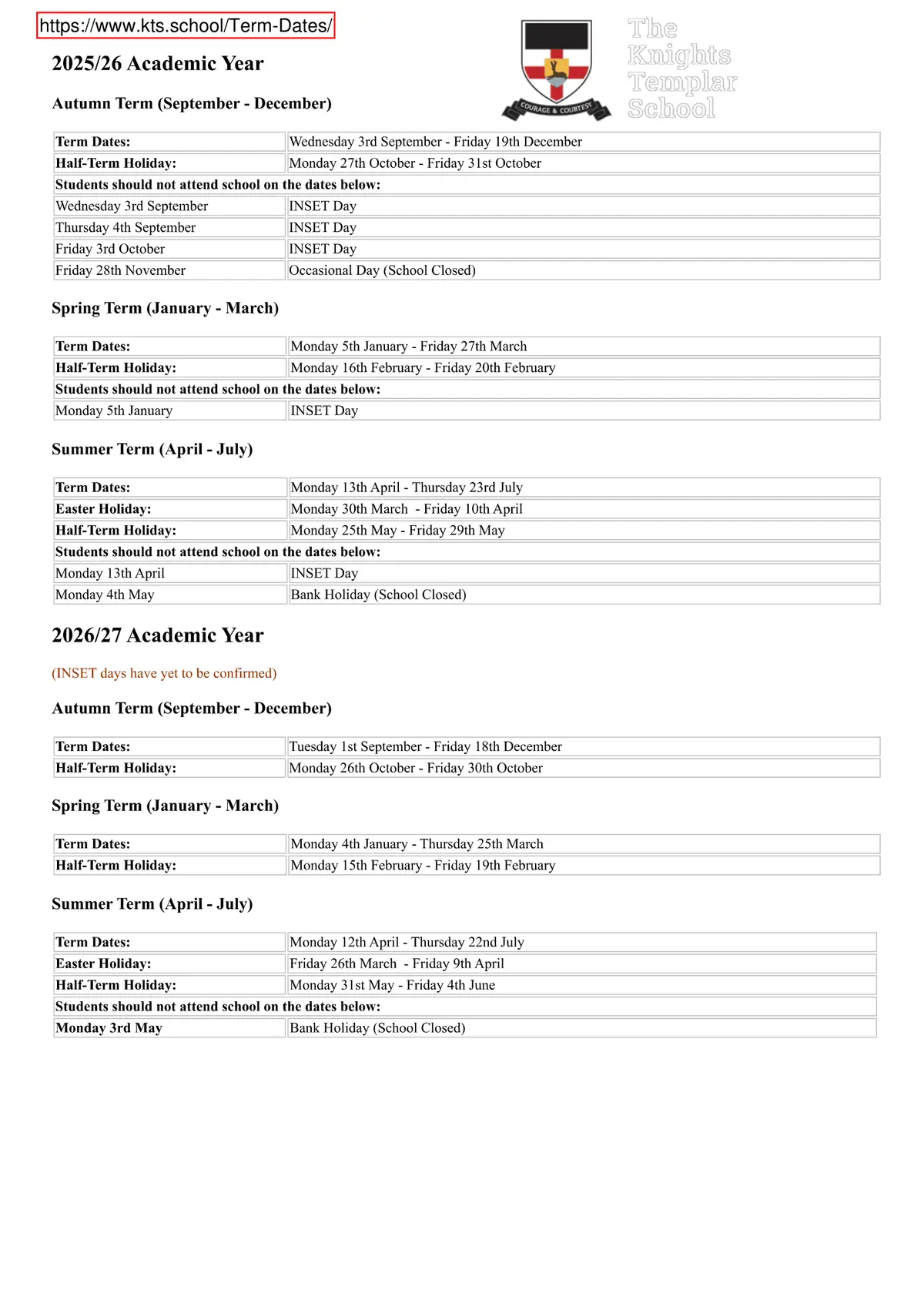 The Knights Templar School term dates