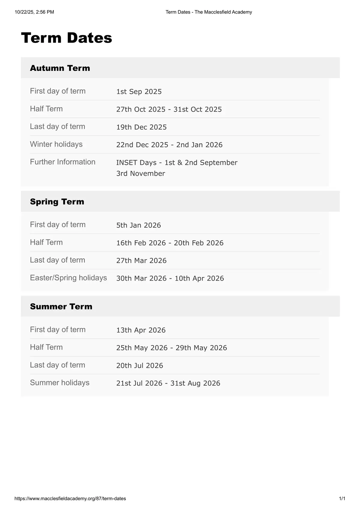 The Macclesfield Academy term dates