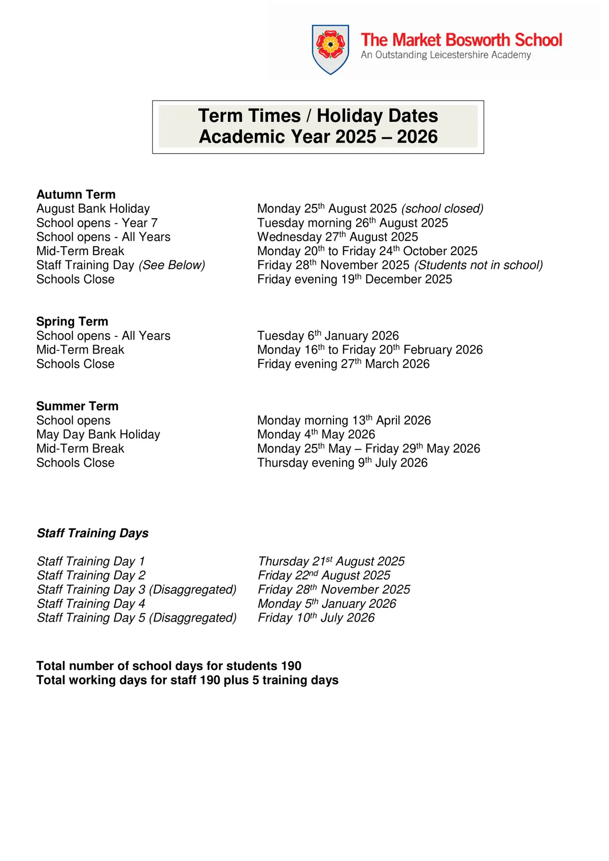 The Market Bosworth School term dates