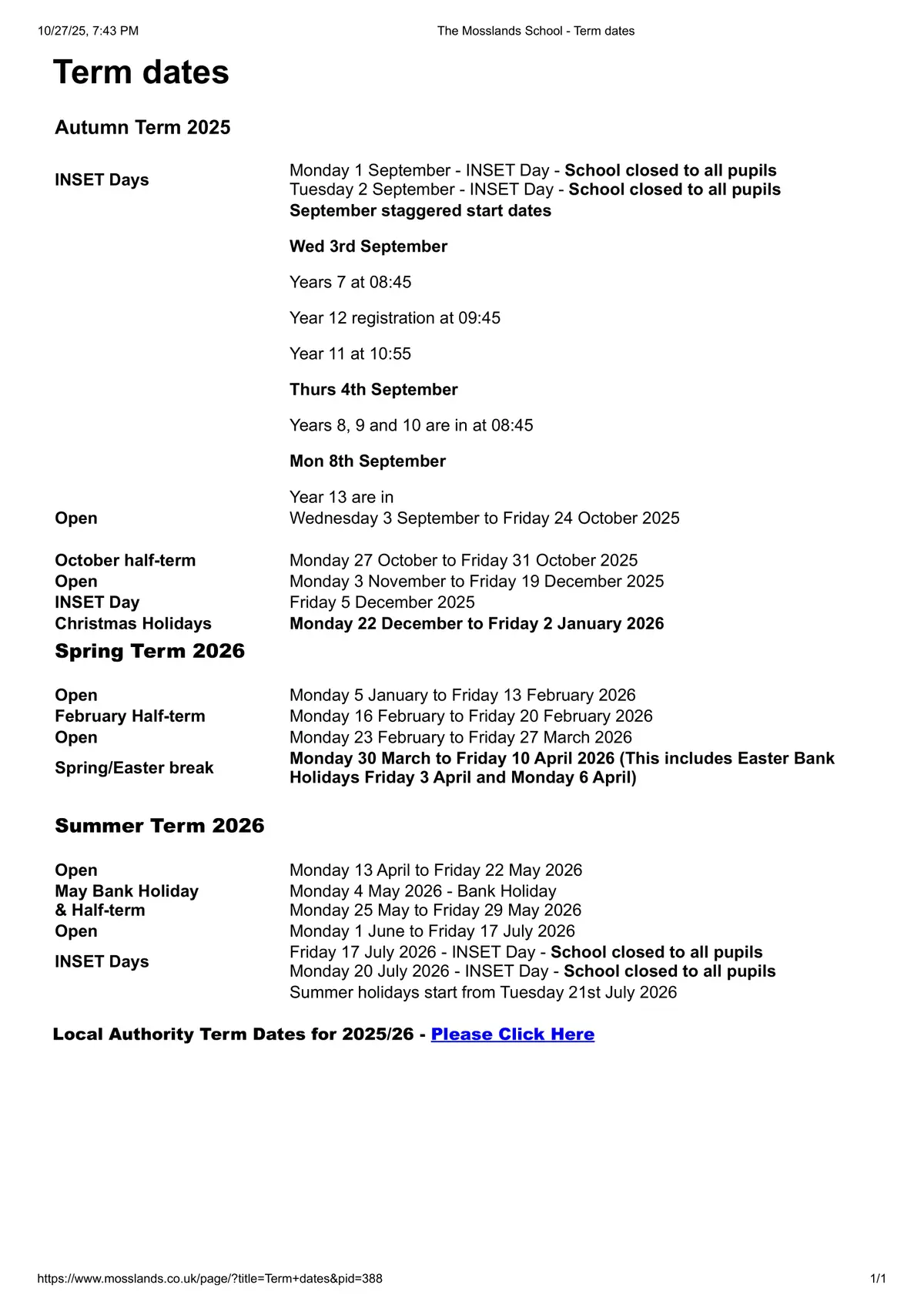 The Mosslands School term dates