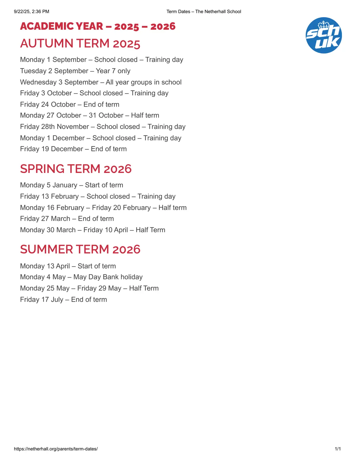 The Netherhall School term dates