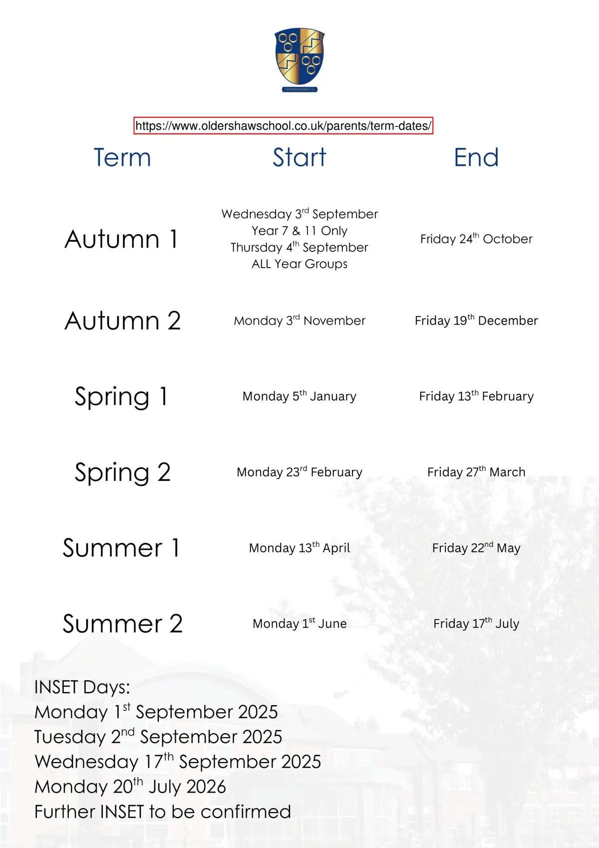 The Oldershaw School term dates