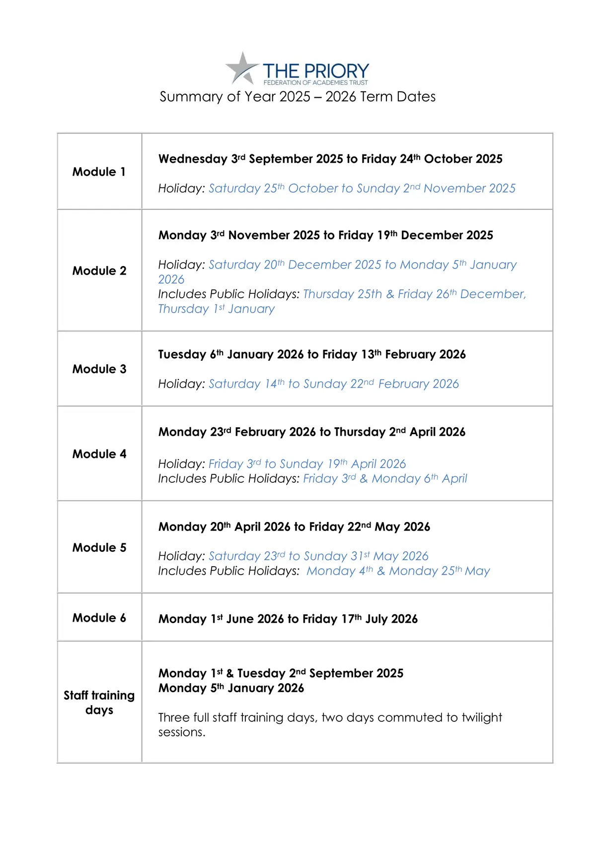 Priory Academy term dates