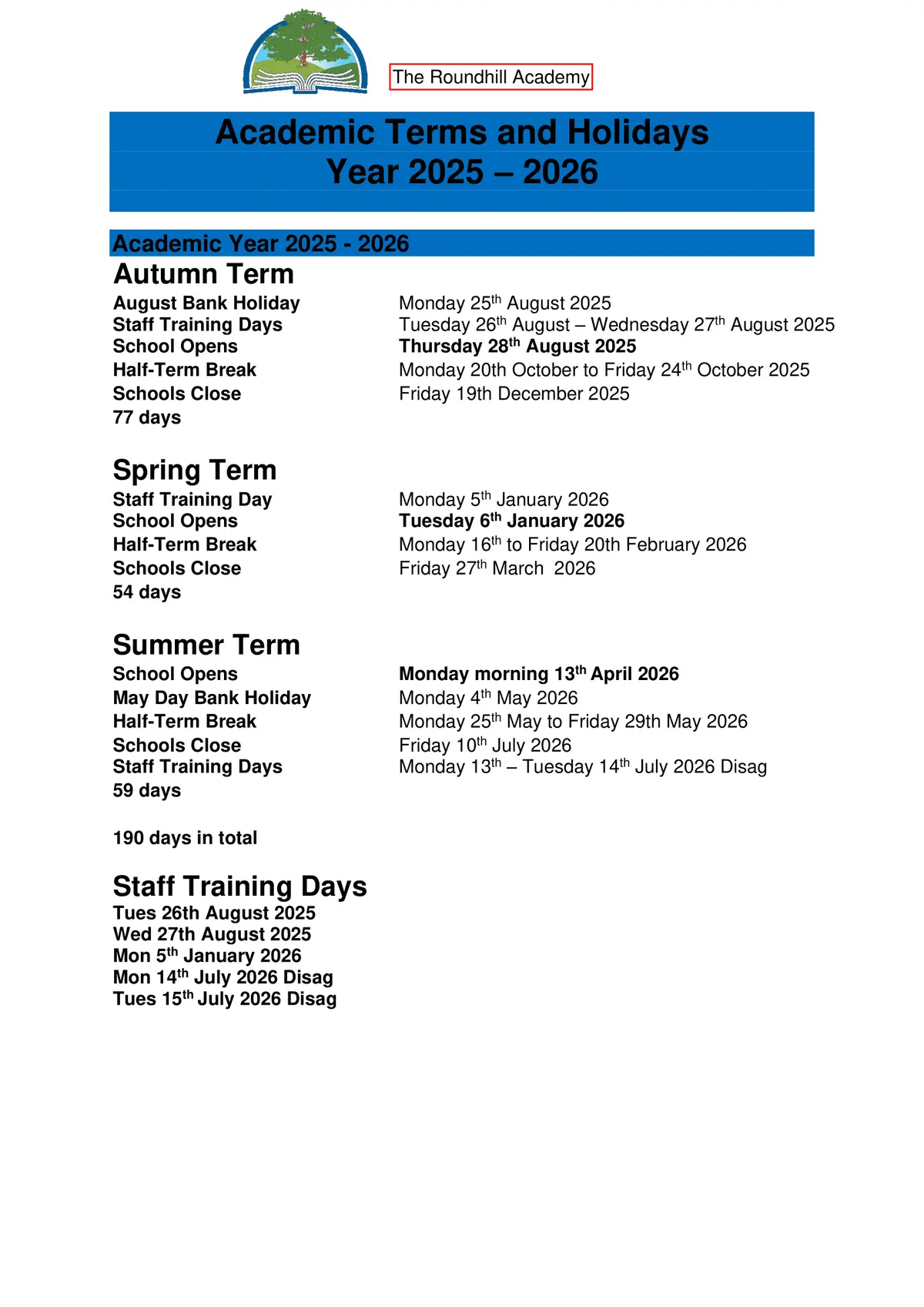 The Roundhill Academy term dates