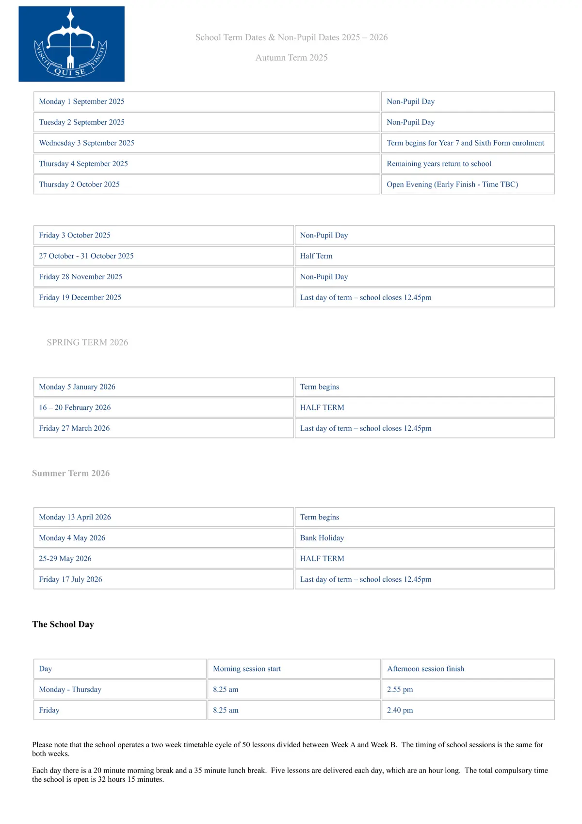 The Sandon School term dates