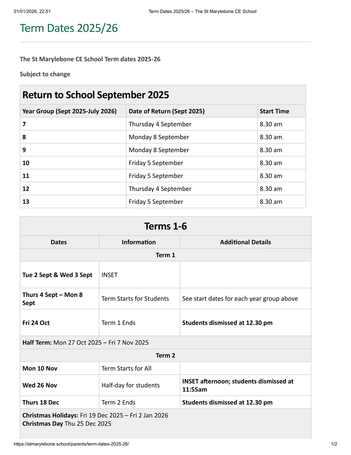 The St Marylebone CofE School term dates