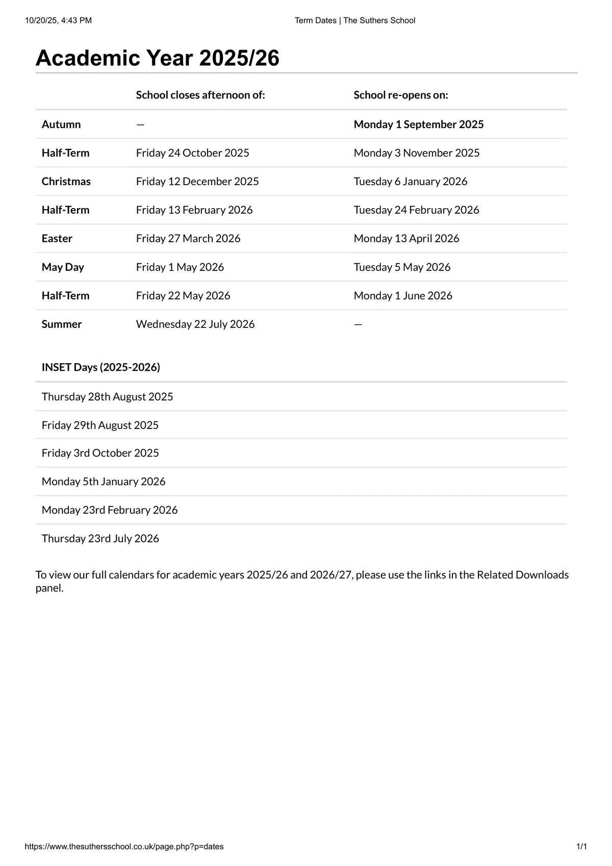 The Suthers School term dates