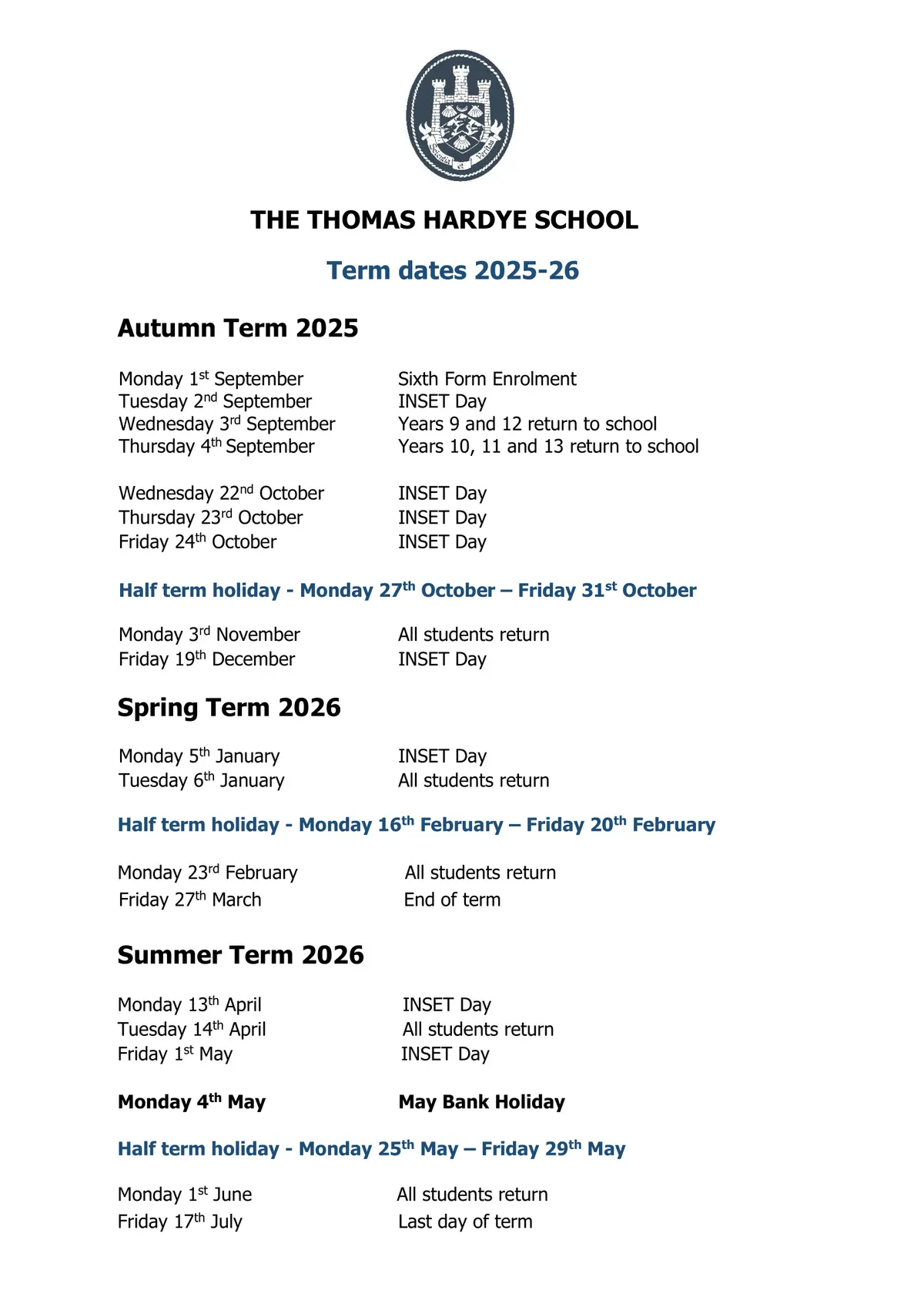 The Thomas Hardye School term dates